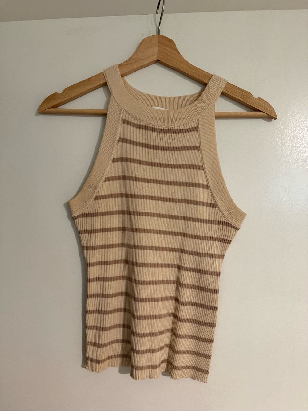 Beige Striped Ribbed Tank Top - Women